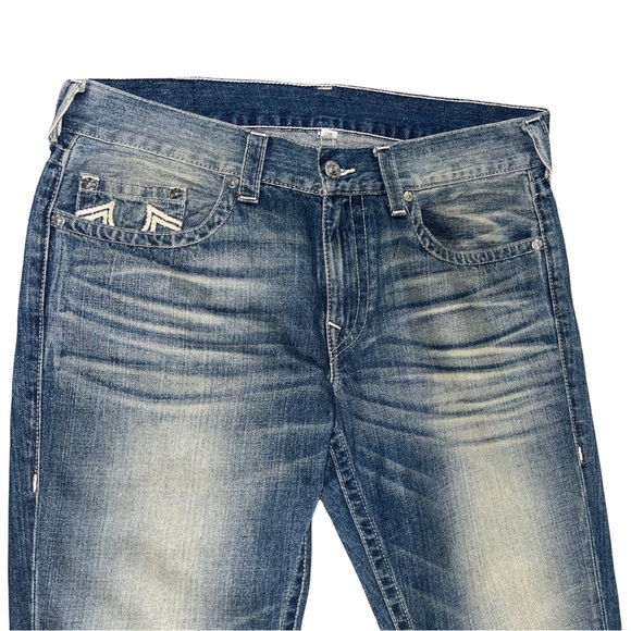 True Religion Blue Straight Jeans with Fading and Whiskering - Picture 4 of 5